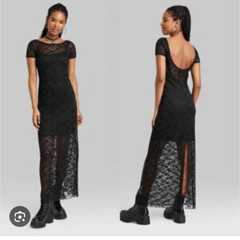 Wild Fable Black Lace Overlay With Adjustable Slip Rounded Back High Slit Dress
